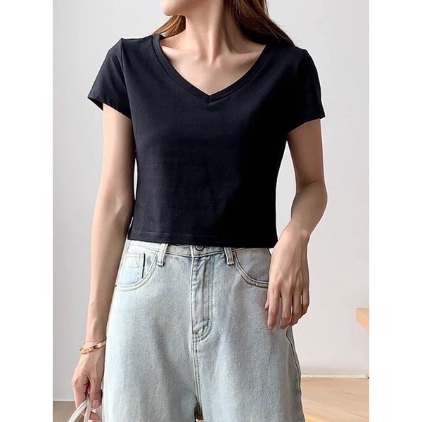 Áo phông croptop nữ kiểu dáng ôm tay ngắn cổ tròn cổ tim Áo thun nữ trơn