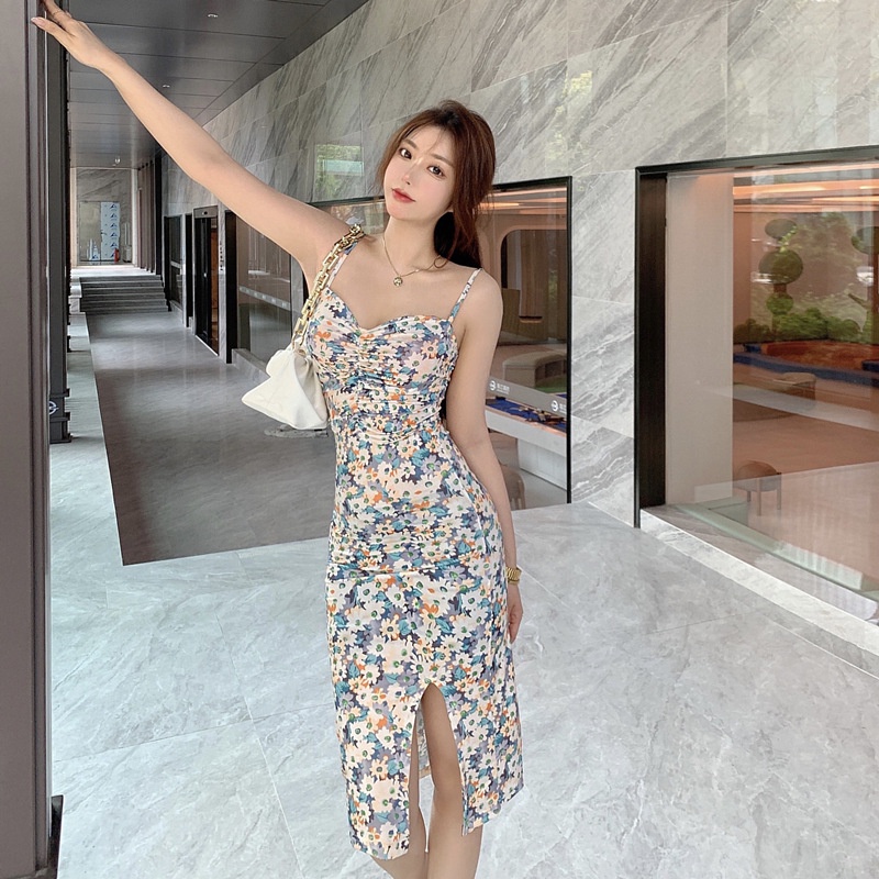 IELGY      Đầm Ôm Hai Dây Mỏng Vừa Vặn Họa Tiết Hoa Nhỏ Cho Nữ