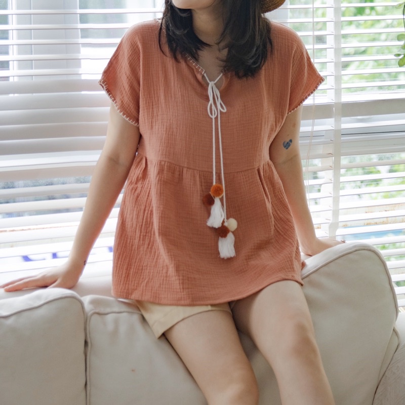 Áo xô muslin phối pompom style boho | Lá Xoè
