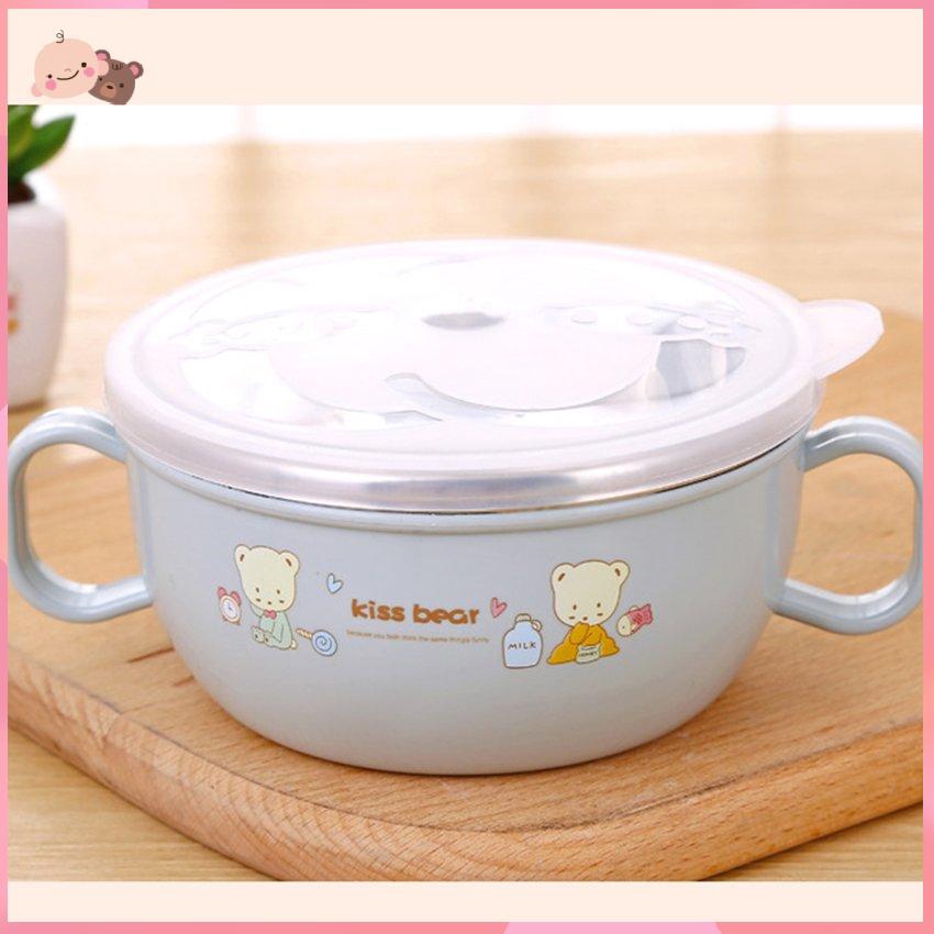 Bát ăn dặm hai quai bằng thép không gỉ có nắp đậy và thìa an toàn cho bé