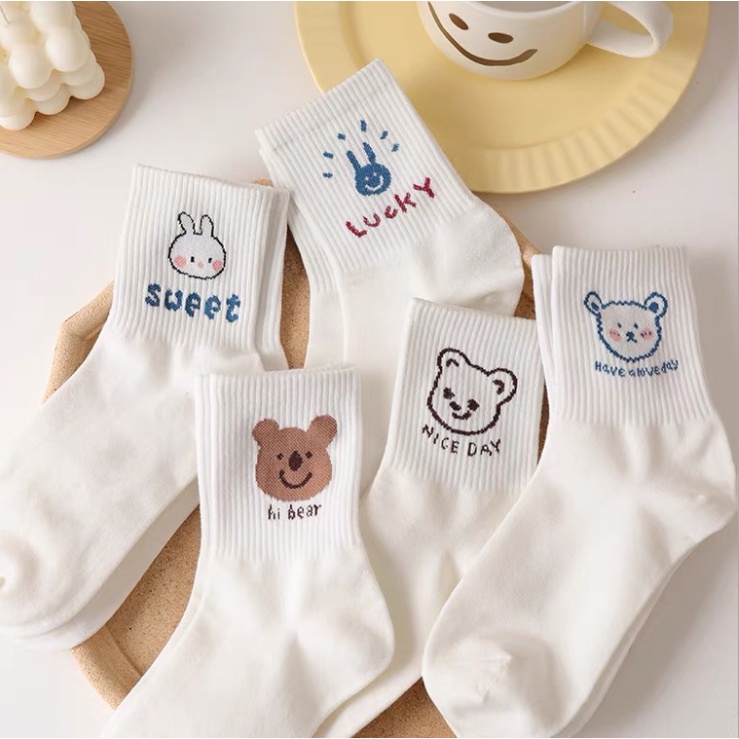 Tất trắng cổ cao, vớ trắng cổ cao hình gấu co gian cực tốt, thời trang Hàn Quốc (T08)