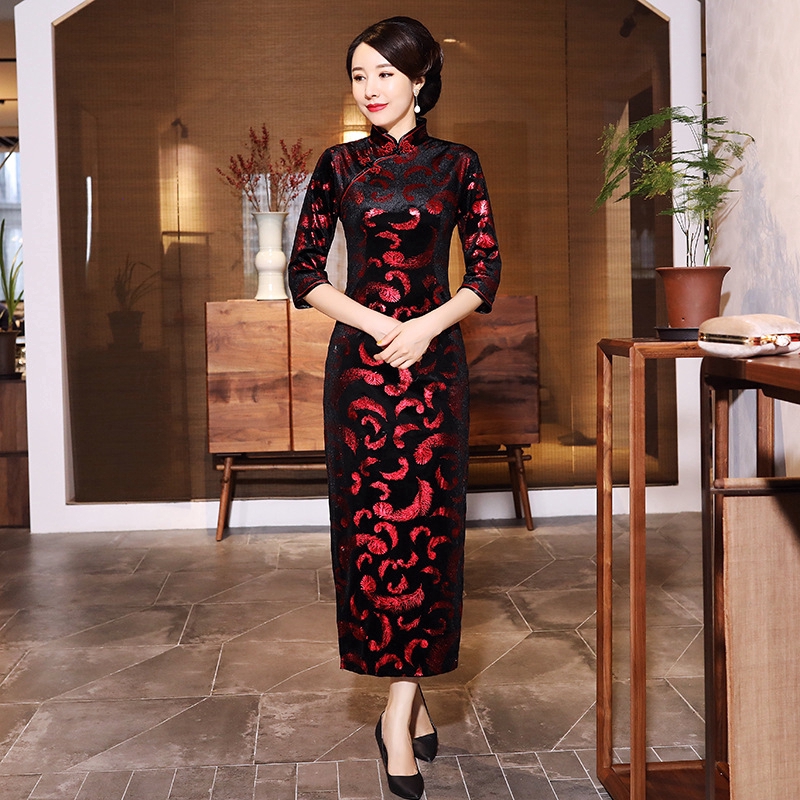 Cheongsam Dress Vintage Slim Dress Women Gold Velvet Wedding Party Long Dresses | BigBuy360 - bigbuy360.vn