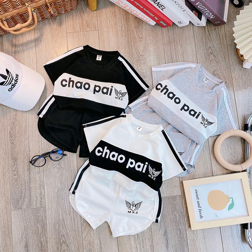 Bộ Quần Áo Trẻ Em Cộc Tay In Hình Chao Pai Vải Cotton Cho Bé Trai Bé Gái Từ 8-21kg Mã CT44