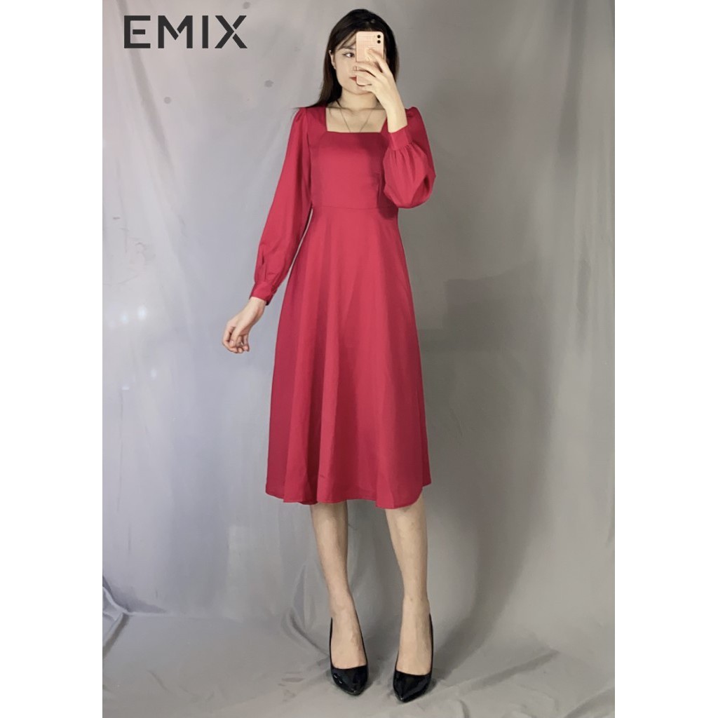 Váy cổ vuông dáng dài phối tay bồng xòe hai màu EMIX | BigBuy360 - bigbuy360.vn