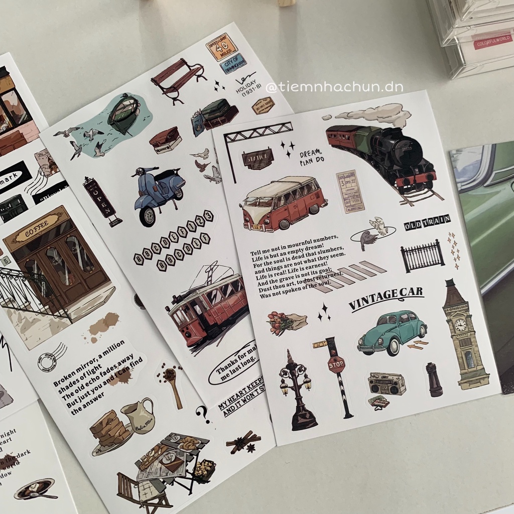 SET 40 STICKER VINTAGE COFFEE SHOP / TRAIN STATION trang trí journal - (ảnh thật) - vintage style - Tiệm nhà Chun