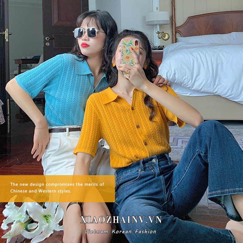 Áo thun cổ polo Xiaozhainv tay ngắn dáng rộng thời trang phong cách vintage