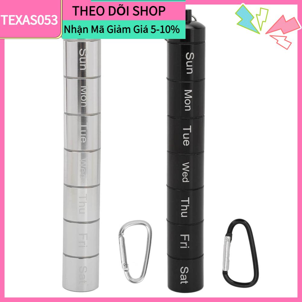 Texas053 Hộp đựng thuốc 7 ngày hàng tuần Hợp kim nhôm không thấm nước Móc khóa bổ sung Thuốc Vitamin