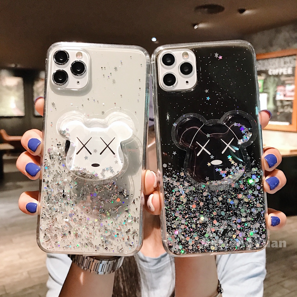 Ốp điện thoại TPU kim tuyến nước trong suốt có giá đỡ hoạt hình chống rơi cho Iphone 12 11 X Xs Pro Max 7 8 Plus Xr