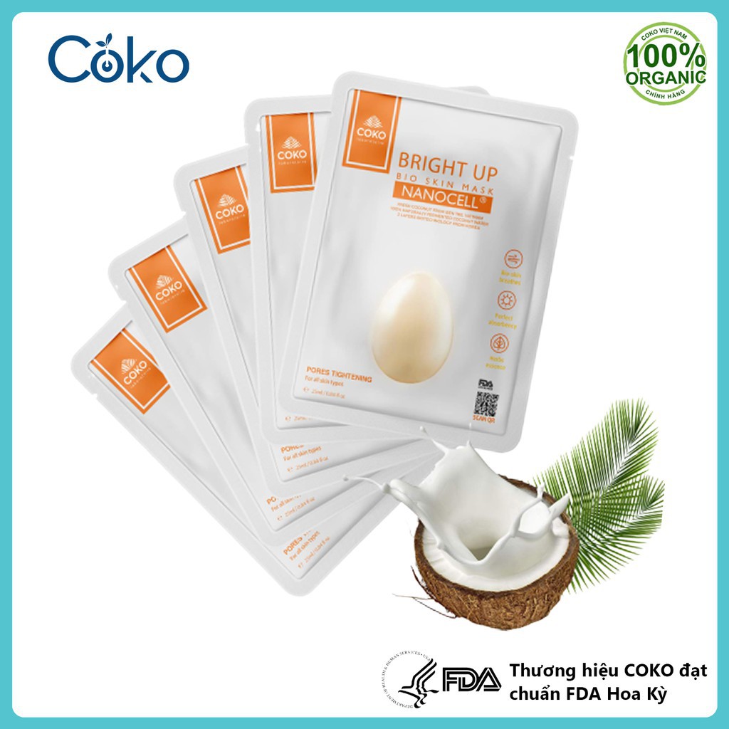 Combo 10 Mặt Nạ Da Sinh Học Dưỡng Trắng Chuyên Sâu COKO Bright Up Bio Skin Nanocell Mask Lên Men Từ 100% Nước Dừa Tươi