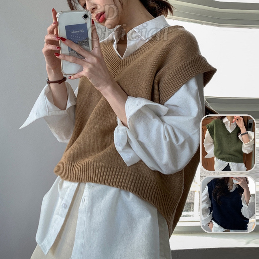 L5|Áo khoác len nữ gile dệt kim trơn dáng vest cổ V rộng dày dặn, suông hàn quốc thanh lịch màu kaki, xanh GD Official