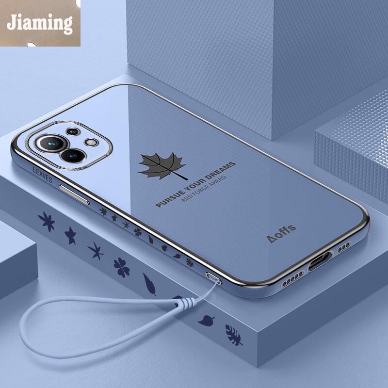 Ốp Điện Thoại Mạ Điện Họa Tiết Lá Phong Sang Trọng Kèm Dây Đeo Cho Xiaomi 11 Lite 11 Pro 11 Ultra