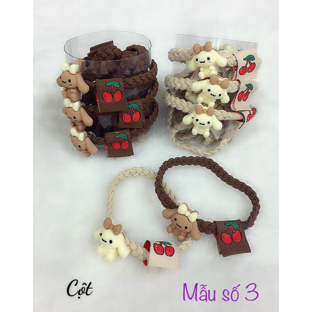 2 dây cột tóc dạng đan thắt gam màu trà sữa đính icon gấu, kitty, thỏ tím Stella Lou