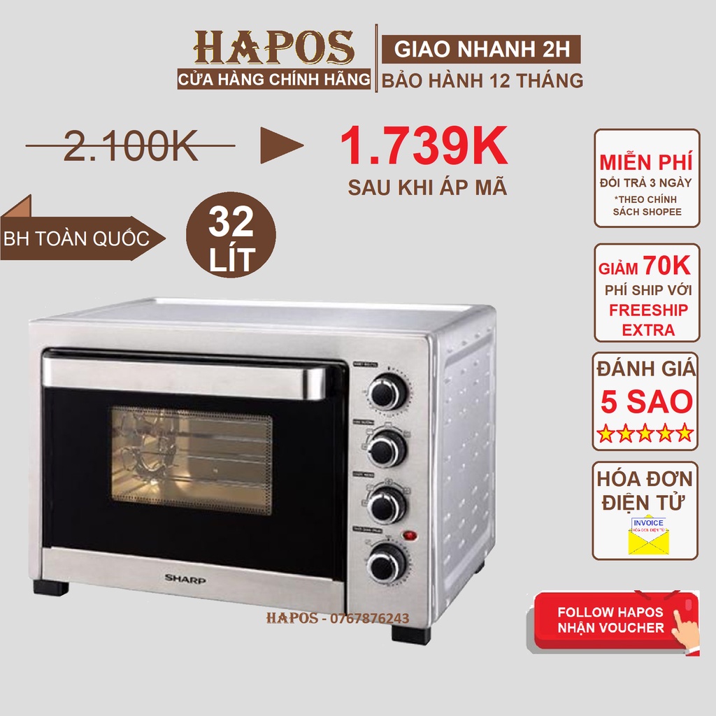 Lò nướng Sharp 32 lít nướng đối lưu công suất 1500W chất liệu vỏ thép không gì điều khiển núm vặn - HAPOS Phân phối