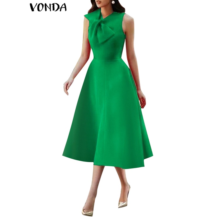 Đầm VONDA dáng dài sát nách cổ chữ V màu trơn thời trang dành cho nữ