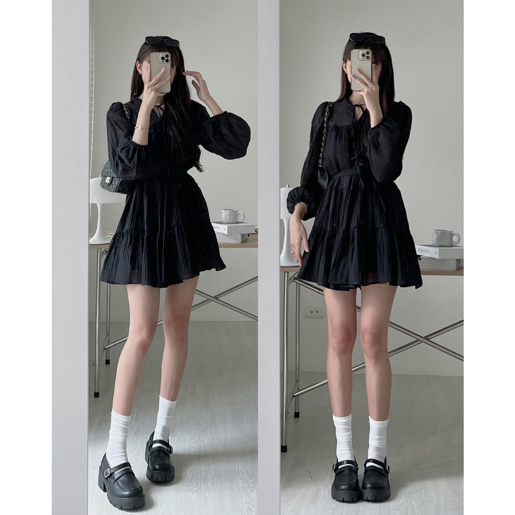 Váy babydoll phối dây đai thắt eo 2 lớp phong cách tiểu thư AURORA