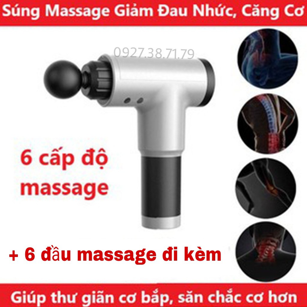 Massage Gun cổ vai gáy kèm 6 đầu mát xa chuyên sâu Máy massage cầm tay 6 đầu 6 cấp độ trị đau nhức toàn thân hiệu quả