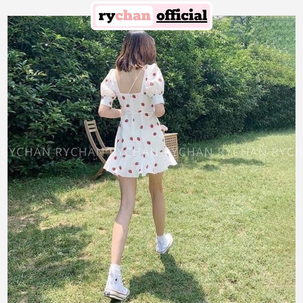 Đầm Nữ Dự Tiệc Họa Tiết Trái Dâu Tây Nhún Ngực Dây Chéo Cổ Đuôi Cá - DX9894