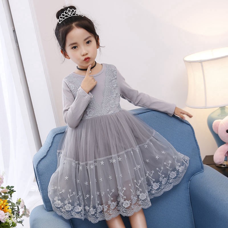 Đầm NNJXD dự tiệc tay áo dài phối ren hoa phong cách mùa thu cho bé gái