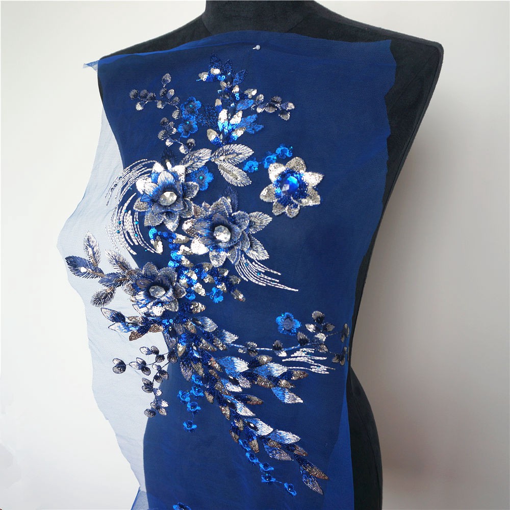 Miếng Vải Ren Thêu Hoa Đính Kim Sa Màu Xanh Dương Lớn Dùng May Vá Quần Áo / Trang Trí Váy Cưới