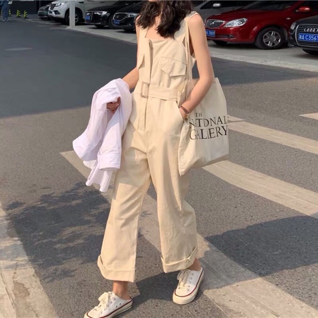 Quần yếm kaki Ulzzang 2 dây ống suông rộng / jumpsuit áo liền quần chất kaki ống rộng