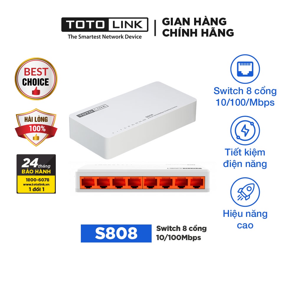 Switch 8 cổng 10/100Mpbs TOTOLINK S808 Bộ chia mạng cho PC Laptop giá rẻ dễ cài đặt