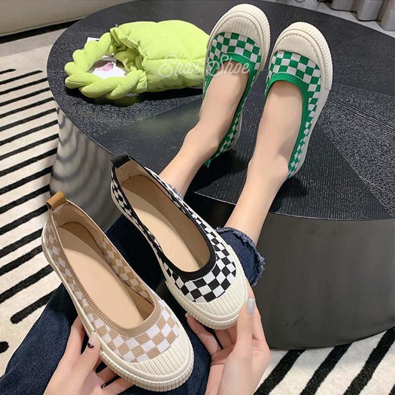 Giày Búp Bê Vải Lưới Họa Tiết Caro Thời Trang Nữ Tính