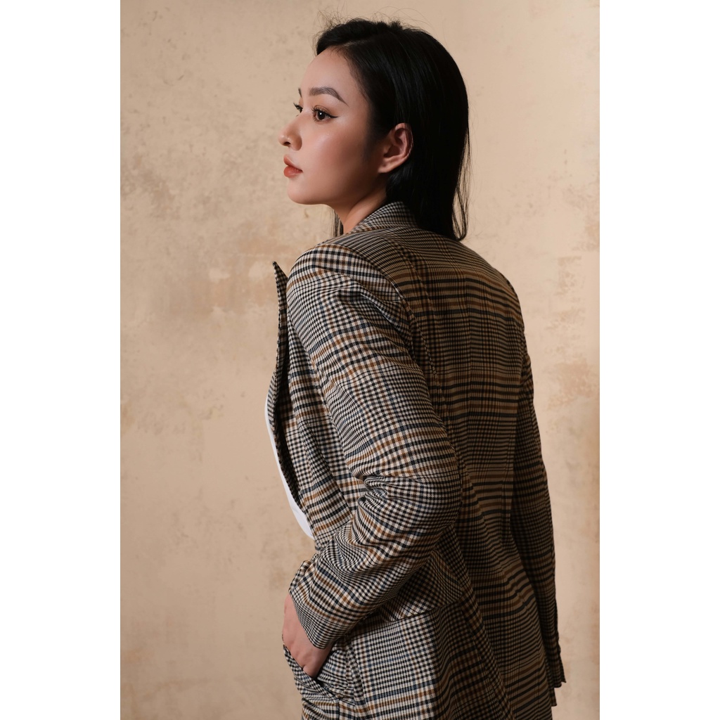 Áo Blazer nữ 2 lớp kẻ nâu vàng Donna - MAIIMER