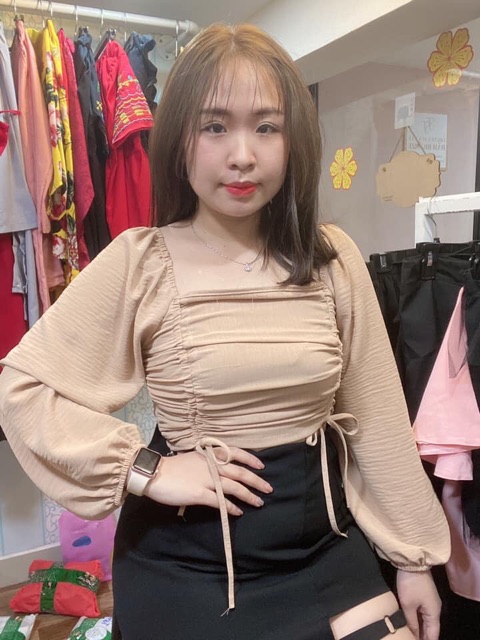 Áo Kiểu Bigsize mặc Tết: Áo croptop nhún tay phồng size từ 55kg đến 90kg  Đỏ Bigsize
