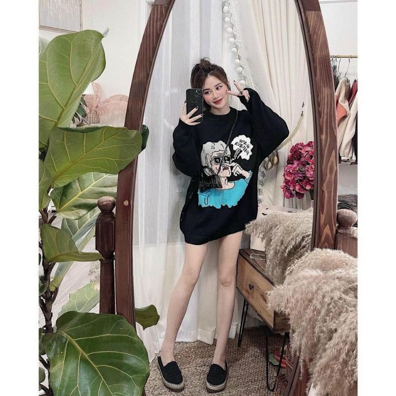 Áo Hoodie Nữ Ms.6880 Áo Dáng Suông Rộng Chùm Mông Tone Đen In Họa Tiết Hoạt Hình, Chất Nỉ Bông Dày Dặn
