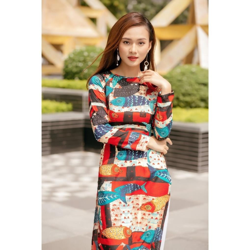 Áo dài truyền thống nữ màu đỏ vải lụa hoạ tiết cá cổ tròn viền vải dãn nhẹ có nhiều size