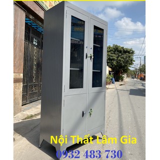 [Mã LIFEBKA5 giảm 10% tối đa 1 Triệu đơn 500k] Tủ hồ sơ kiếng bằng sắt sơn dầu màu ghi cao 1m8x90_4 cửa