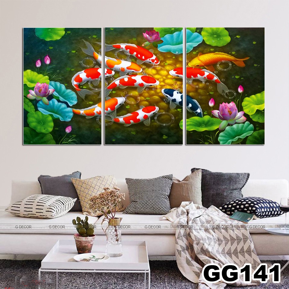 Tranh treo tường canvas 3 bức phong cách hiện đại Bắc Âu 140, tranh lá cây trang trí phòng khách, phòng ngủ, phòng ăn