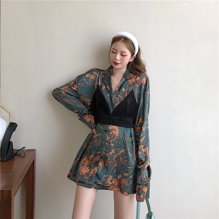 Áo sơ mi tay dài in họa tiết hoa/áo hai dây phong cách Hàn Quốc thời trang cá tính cho nữ