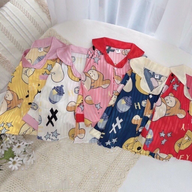 Bộ ngủ pijama lụa gấm tay dài quần dài size nhí cho bé (9-22kg) - Hirokids