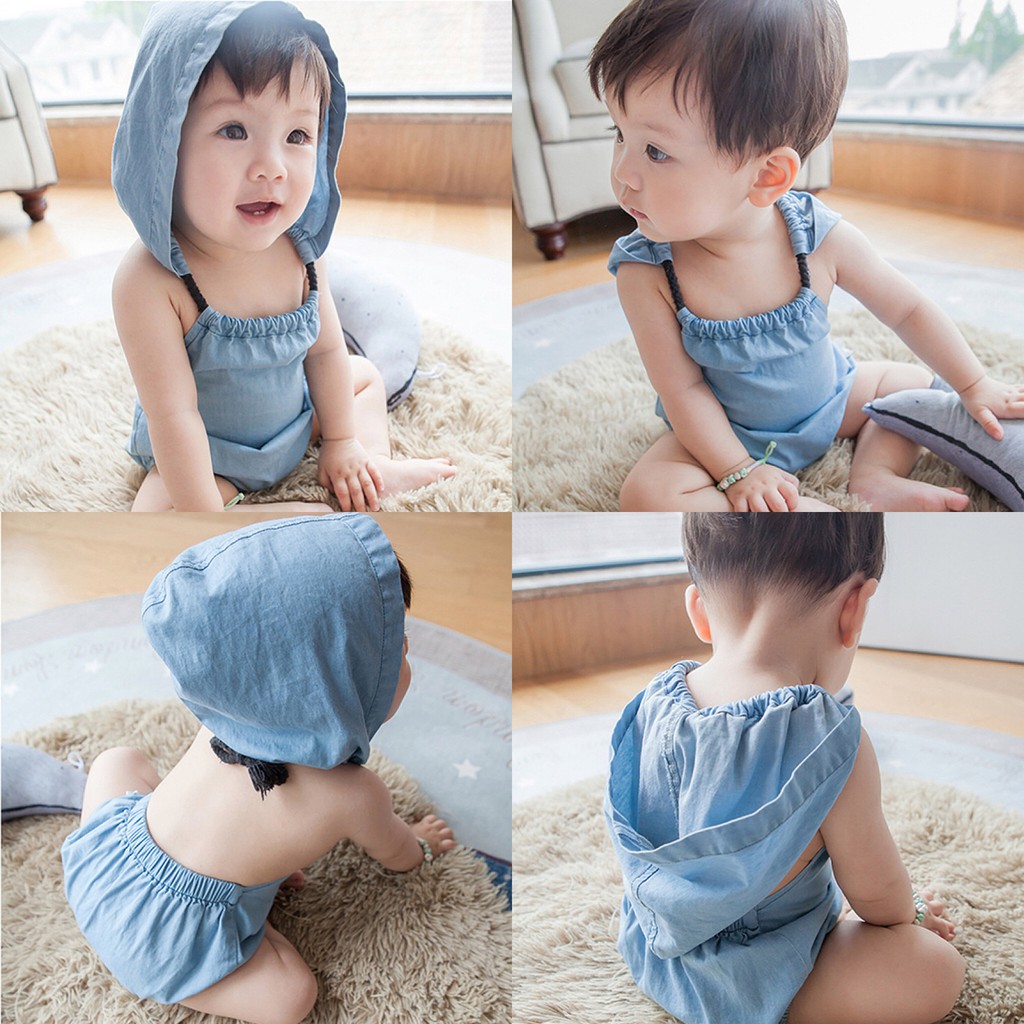 Áo Liền Quần Sanlutoz Denim Màu Xanh Dương Có Mũ Dễ Thương Thời Trang Mùa Hè Cho Bé