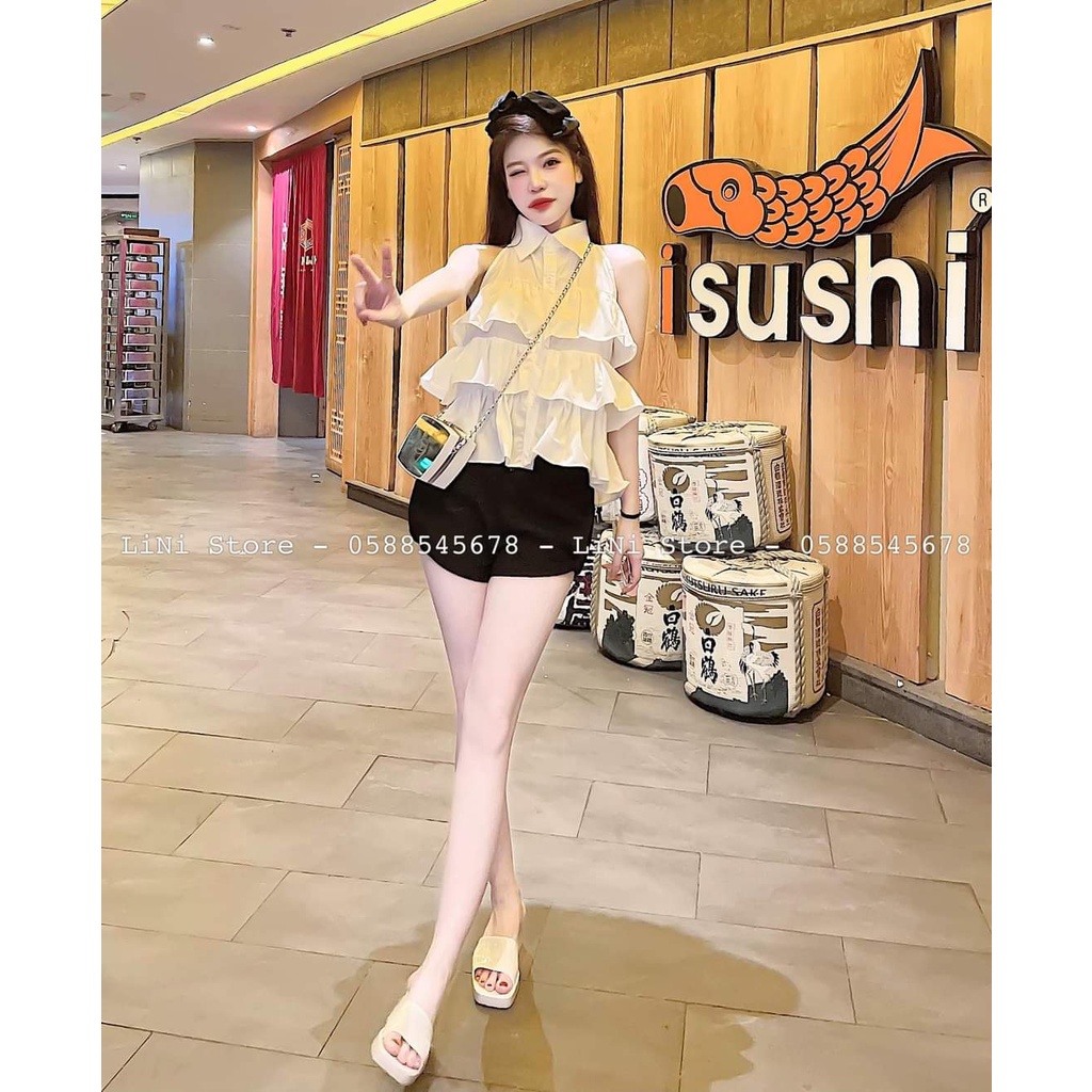 [10.10 Sales Freeship] Set bộ tiểu thư nữ, set áo sơ mi bèo tầng sát nách mix quần short đùi đi chơi xinh xắn mtb
