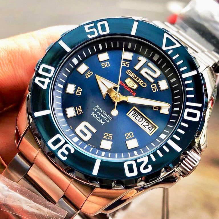 Đồng hồ Nam Seiko 5 Sports Automatic SRPB37K1 Mặt xanh,Lịch thứ ngày,Vòng Bezel-Máy cơ tự động-Dây kim loại-Size 44mm