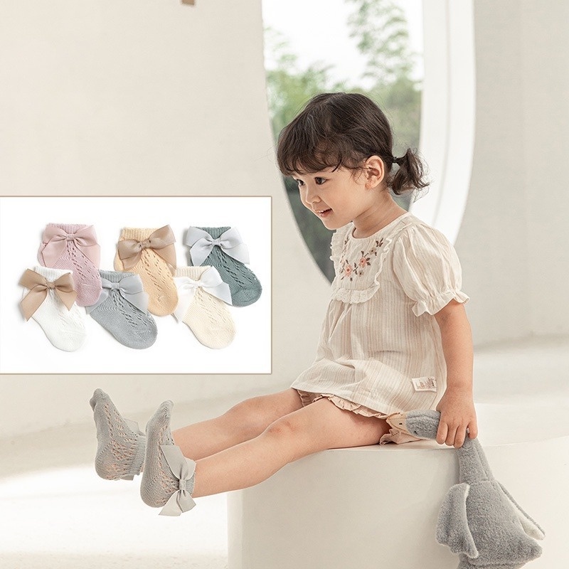 1 Đôi Vớ Cotton Mỏng Phối Lưới Đính Nơ Thời Trang Mùa Hè Cho Bé Gái