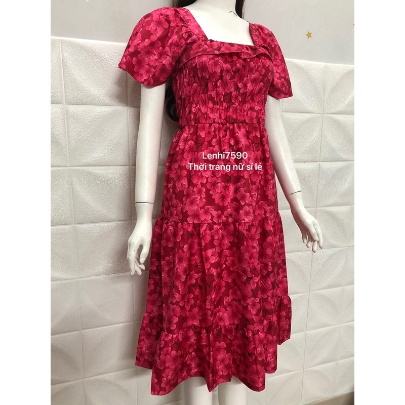 ĐẦM DÀI DÁNG XOÈ LỤA HOA XẾP BÈO GÍA RẺ