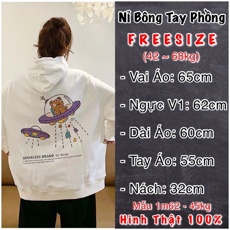 Áo Khoác Hoodie Nỉ Bông Tay Phồng Form Rộng Cánh Dơi In UF.O SWAETER HOODIE Nữ in GẤU U.F.O - AK 3405 | BigBuy360 - bigbuy360.vn