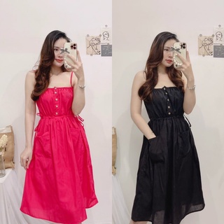 Đầm 2 dây babydoll đen hồng, Váy hai dây xòe có túi Cao Cấp phối nút cườm cổ vuông dáng xòe đi chơi đi tiệc - MiNhi