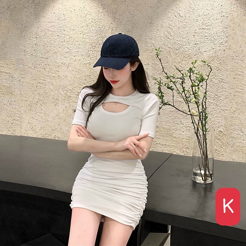 Đầm khoét ngực tay ngắn cổ tròn ôm body dáng ngắn mẫu mới