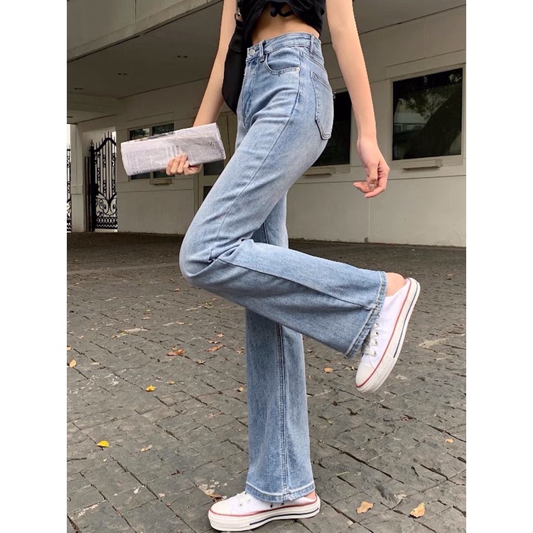 Quần jean nữ loe nhẹ trơn màu xanh nhạt basic phong cách hàn quốc SẴN