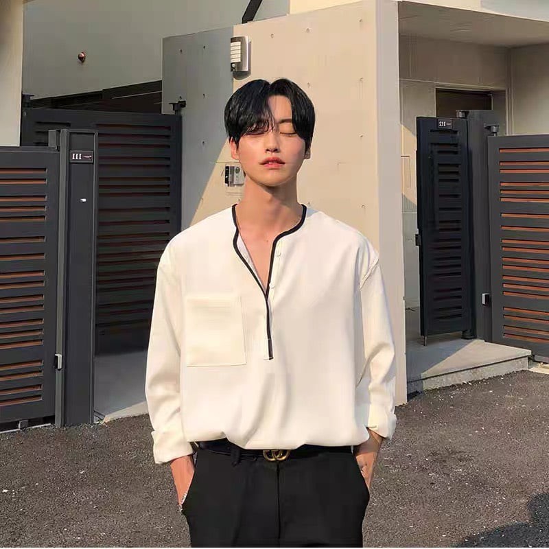 ﹉Áo sơ mi cổ viền vải lụa hàn, tay dài from rộng, chuẩn style Hàn Quốc