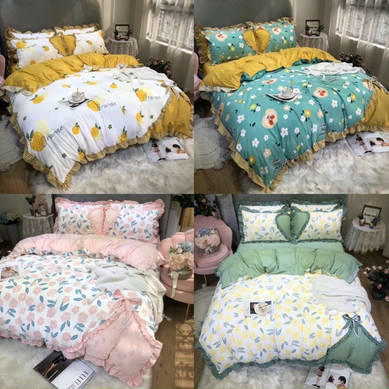 Set Chăn Ga Gối Cotton Hoạt Tính Viền Bèo /Phối Thắt Nơ siêu Kute
