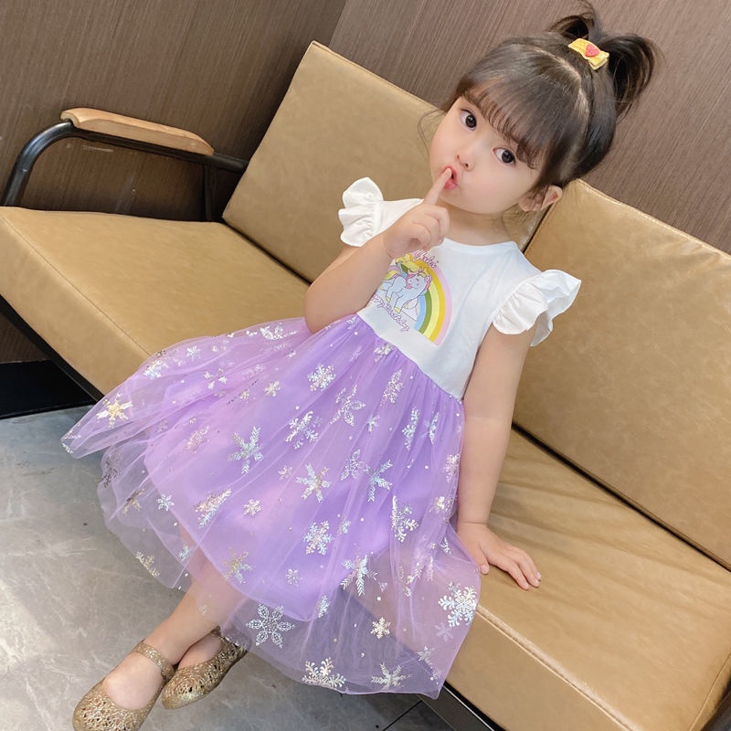 Đầm Công Chúa Phối Lưới Họa Tiết Hoạt Hình Thời Trang Mùa Hè Hàn Quốc 2022 Cho Bé Gái