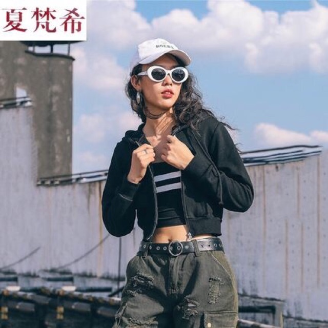 Áo khoác nỉ dài tay có mũ croptop nhiều màu