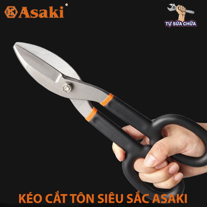 Kéo cắt tôn cộng lực siêu sắc kiểu Nhật chính hãng ASAKI thép CR-V tay cầm bọc cao su chống trơn, cắt cực nét, hàng xịn