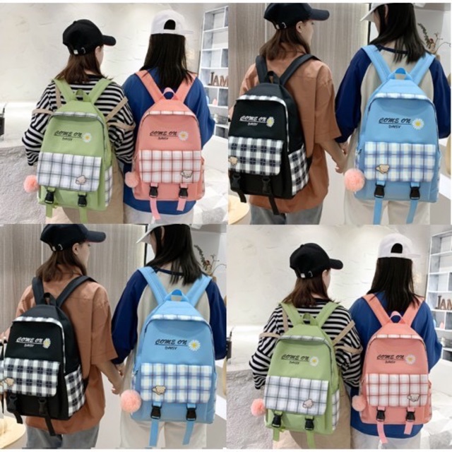 Combo 4 in 1 set balo đi học kèm túi xách ví và hộp bút thời trang kiểu mới chữ COME ON DAISY hoạ tiết hoa cúc