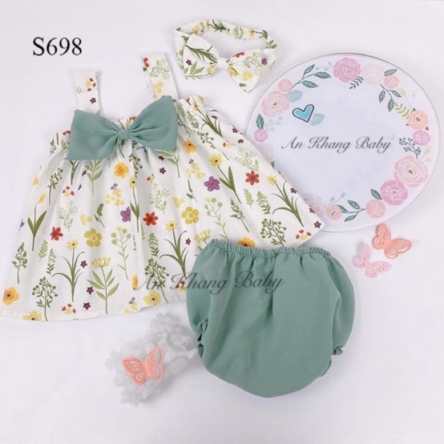 Set hoa nhí nơ xanh mìn cho bé